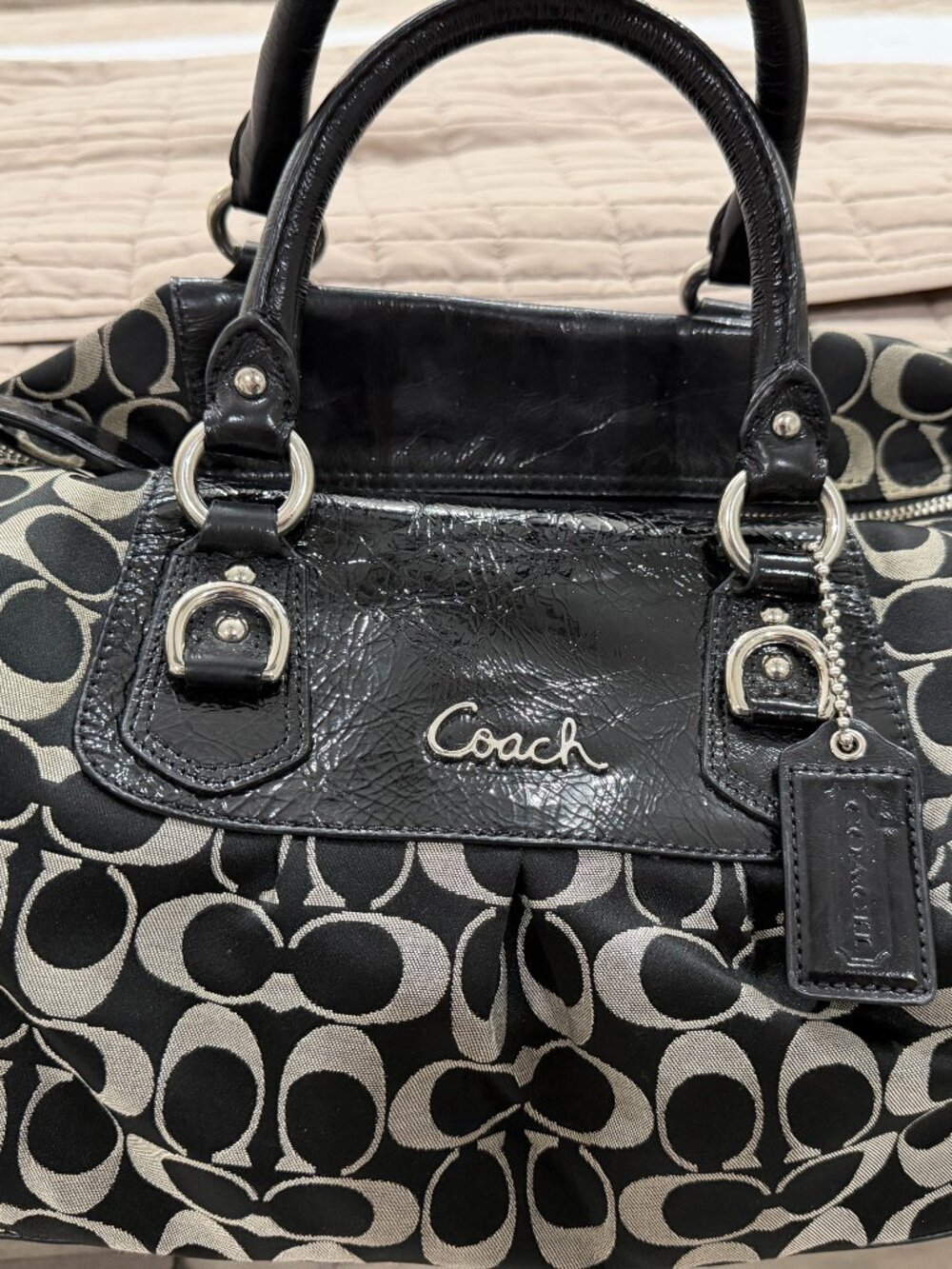 Coach Ashley Signature Satchel Black Grey Sateen H1173-F15440 Ruched Side Clip